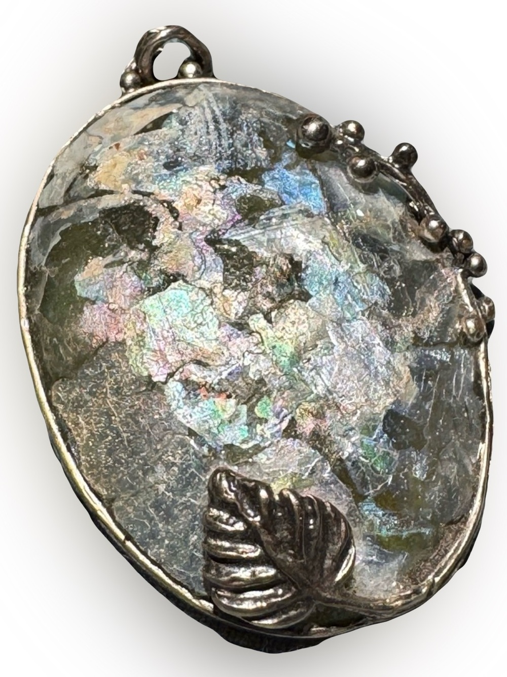 Roman Iridescent Glass .925 Sterling Silver Art Deco Pendant
